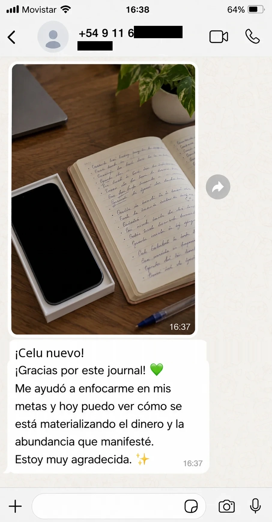 Testimonio de WhatsApp: abundancia y dinero manifestados con el journal